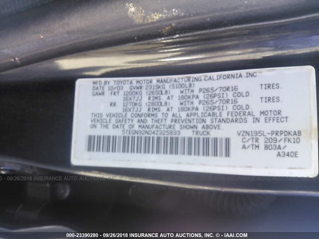 5TEGN92N04Z325833 - 2004 TOYOTA TACOMA DOUBLE CAB PRERUNNER BLACK photo 9