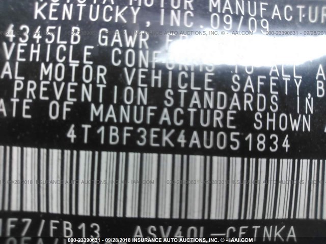 4T1BF3EK4AU051834 - 2010 TOYOTA CAMRY SE/LE/XLE 银色 照片 9