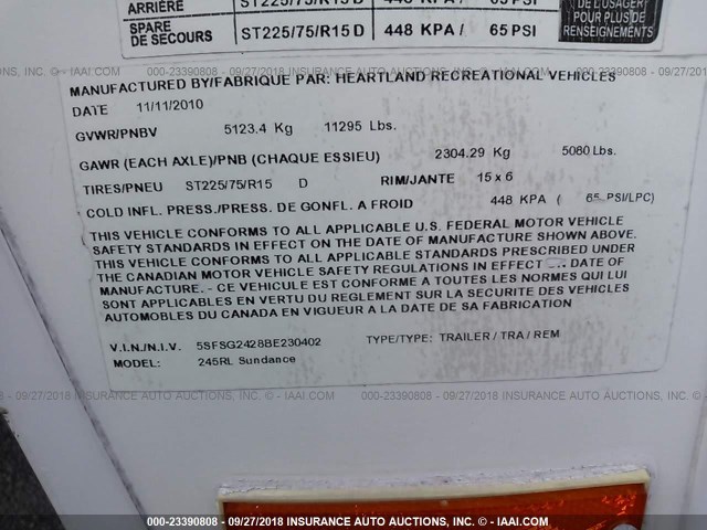 5SFSG2428BE230402 - 2011 HEARTLAND SUNDANCE  Unknown photo 9