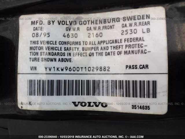 YV1KW9600T1029882 - 1996 VOLVO 960 BLACK photo 9