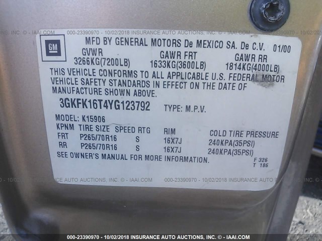 3GKFK16T4YG123792 - 2000 GMC YUKON XL K1500 GOLD photo 9