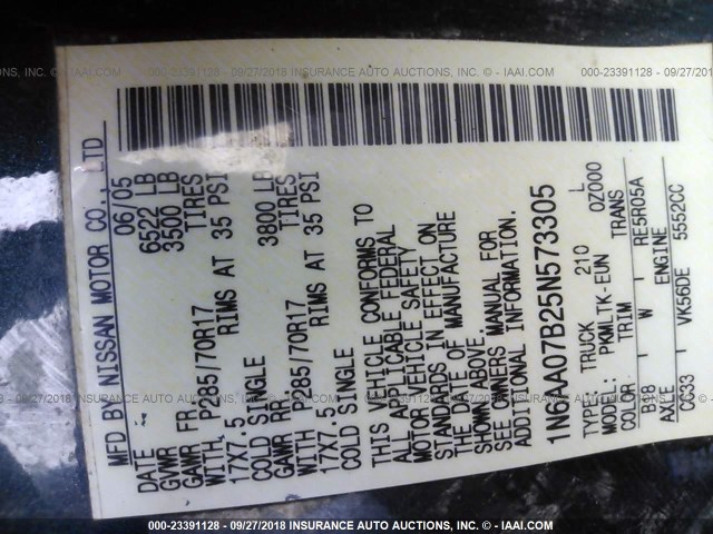 1N6AA07B25N573305 - 2005 NISSAN TITAN XE/SE/LE GREEN photo 9