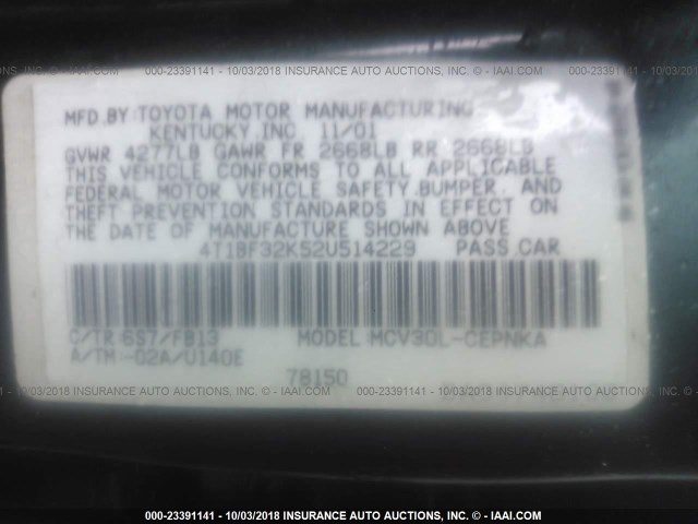 4T1BF32K52U514229 - 2002 TOYOTA CAMRY LE/XLE/SE GREEN photo 9