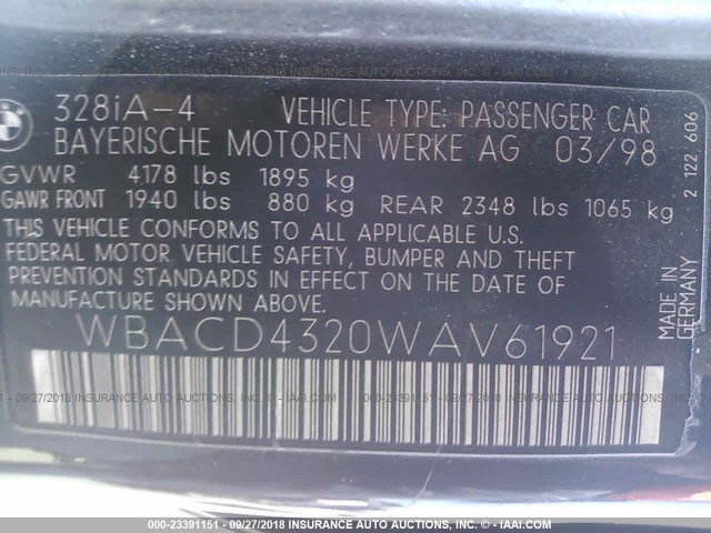 WBACD4320WAV61921 - 1998 BMW 328 I AUTOMATIC შავი ფოტო 9