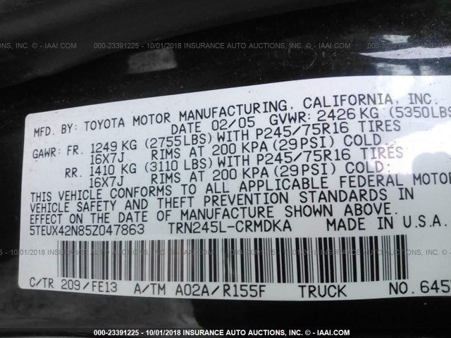 5TEUX42N85Z047863 - 2005 TOYOTA TACOMA ACCESS CAB Schwarz Foto 9