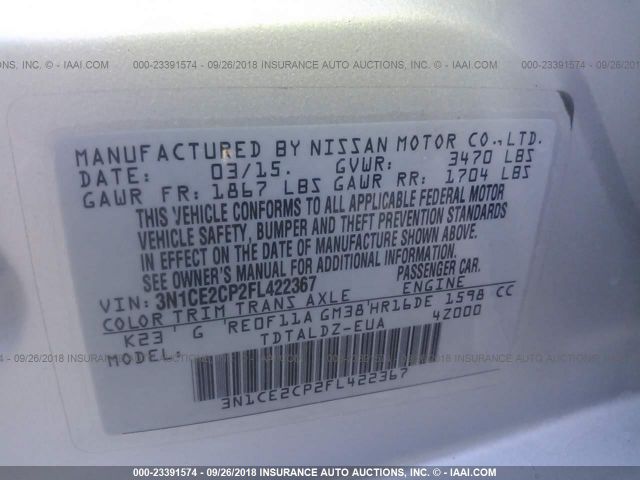 3N1CE2CP2FL422367 - 2015 NISSAN VERSA NOTE S/S PLUS/SV/SL/SR SILVER photo 9