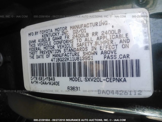 4T1BG22K11U813951 - 2001 TOYOTA CAMRY CE/LE/XLE 绿色 照片 9