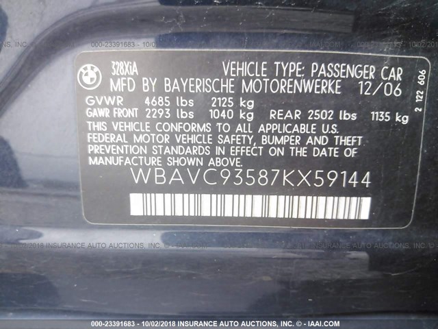 WBAVC93587KX59144 - 2007 BMW 328 XI Қою көк фото 9