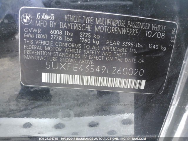 5UXFE43549L260020 - 2009 BMW X5 XDRIVE30I 黑色 照片 9