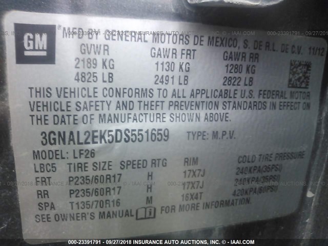 3GNAL2EK5DS551659 - 2013 CHEVROLET CAPTIVA LS 灰色 照片 9