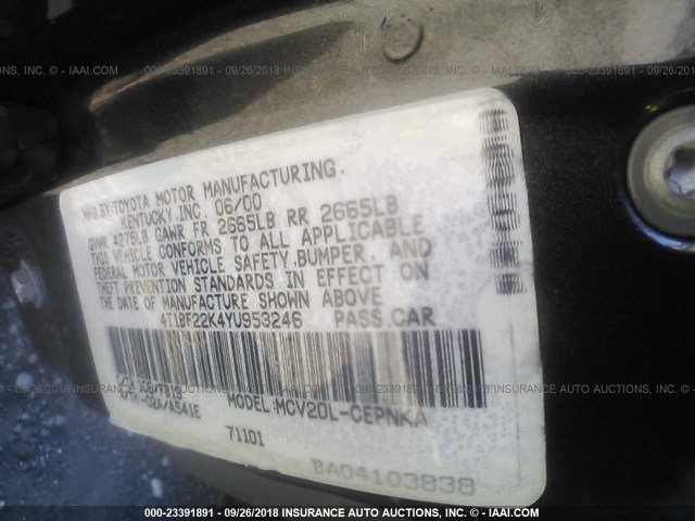 4T1BF22K4YU953246 - 2000 TOYOTA CAMRY LE/XLE 灰色 照片 9