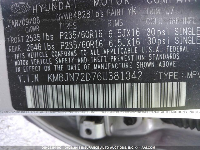 KM8JN72D76U381342 - 2006 HYUNDAI TUCSON GLS/LIMITED SILVER photo 9