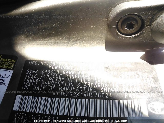 4T1BE32K14U926024 - 2004 TOYOTA CAMRY LE/XLE/SE GRAY photo 9