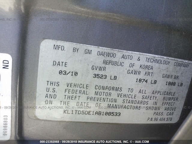 KL1TD5DE1AB108533 - 2010 CHEVROLET AVEO LS/LT Сұр фото 9