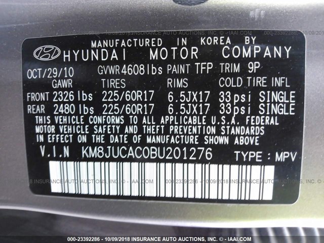 KM8JUCAC0BU201276 - 2011 HYUNDAI TUCSON GLS/LIMITED GRAY photo 9