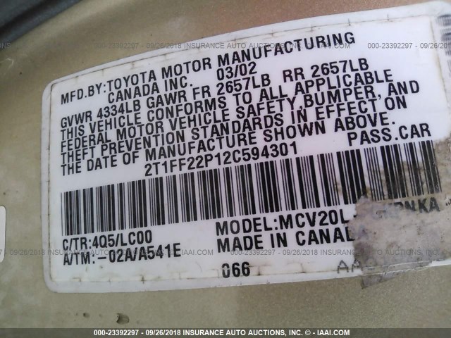 2T1FF22P12C594301 - 2002 TOYOTA CAMRY SOLARA SE/SLE BROWN photo 9