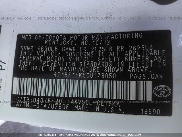 4T1BF1FK5CU178050 - 2012 TOYOTA CAMRY SE/LE/XLE თეთრი ფოტო 9