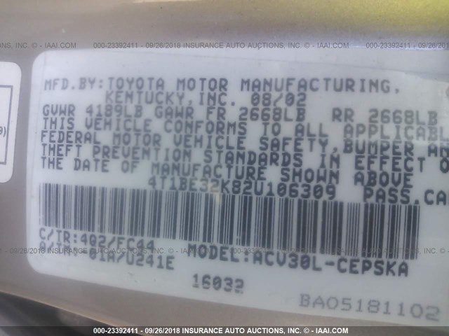 4T1BE32K82U106309 - 2002 TOYOTA CAMRY LE/XLE/SE Алтын фото 9