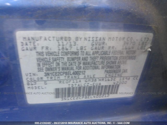 3N1CE2CP8EL400212 - 2014 NISSAN VERSA NOTE S/S PLUS/SV/SL BLUE photo 9