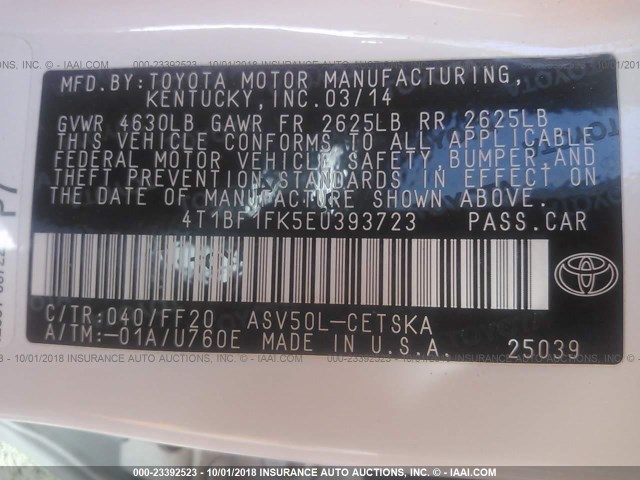 4T1BF1FK5EU393723 - 2014 TOYOTA CAMRY L/SE/LE/XLE თეთრი ფოტო 9