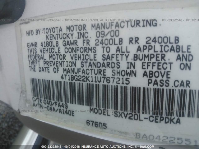 4T1BG22K11U767215 - 2001 TOYOTA CAMRY CE/LE/XLE 白色 照片 9