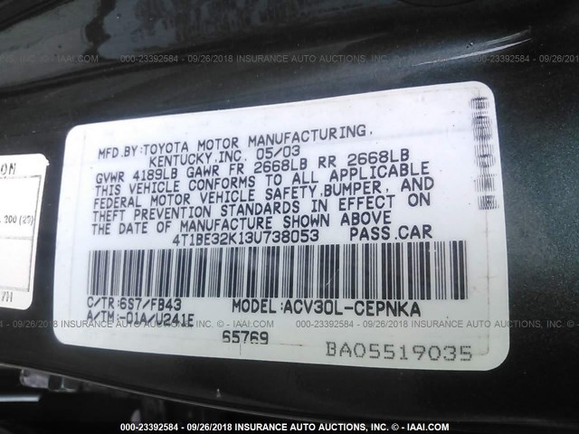 4T1BE32K13U738053 - 2003 TOYOTA CAMRY LE/XLE/SE Yaşıl foto 9