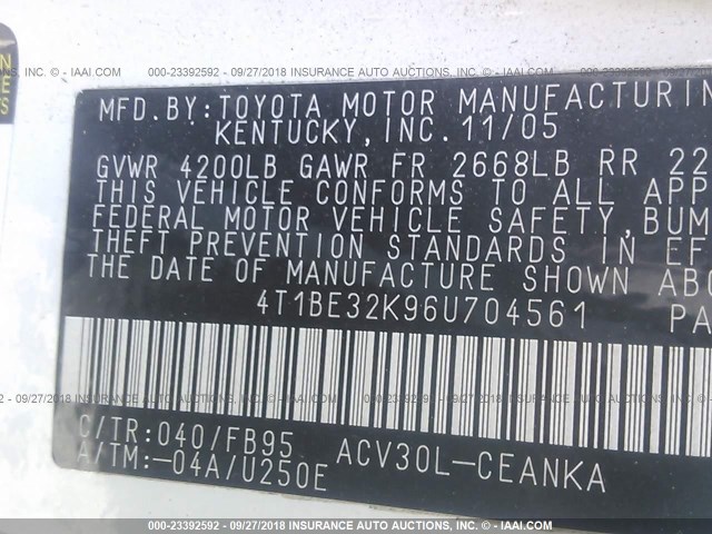 4T1BE32K96U704561 - 2006 TOYOTA CAMRY LE/XLE/SE Ağ foto 9