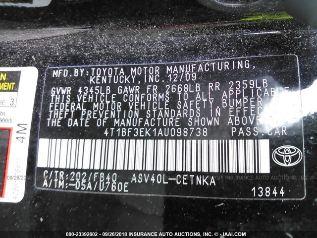 4T1BF3EK1AU098738 - 2010 TOYOTA CAMRY SE/LE/XLE 黑色 照片 9