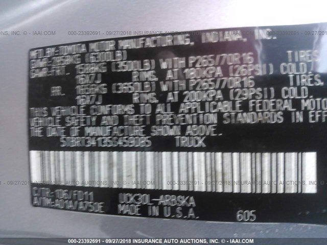 5TBRT34135S459085 - 2005 TOYOTA TUNDRA ACCESS CAB SR5 SILVER photo 9