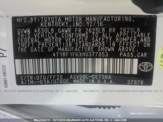 4T1BF1FKXHU377053 - 2017 TOYOTA CAMRY LE/XLE/SE/XSE 白色 照片 9