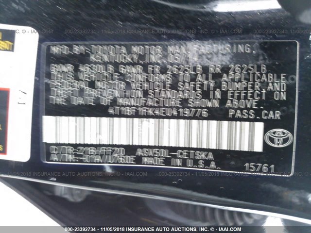 4T1BF1FK4EU419776 - 2014 TOYOTA CAMRY L/SE/LE/XLE 黑色 照片 9