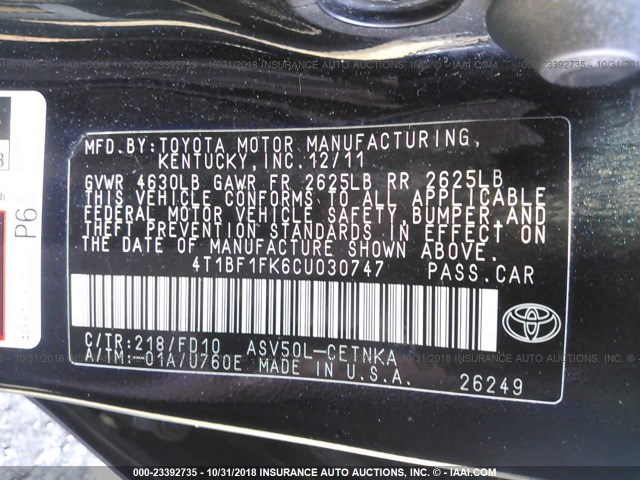 4T1BF1FK6CU030747 - 2012 TOYOTA CAMRY SE/LE/XLE შავი ფოტო 9