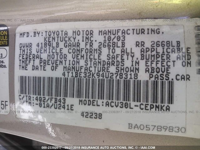 4T1BE32K94U278318 - 2004 TOYOTA CAMRY LE/XLE/SE Champagne photo 9
