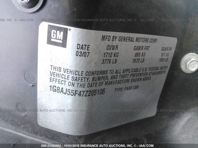 1G8AJ55F47Z205106 - 2007 SATURN ION LEVEL 2 GRAY photo 9