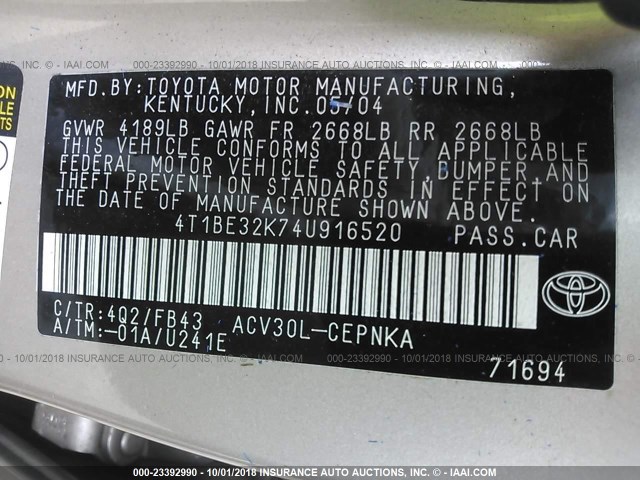 4T1BE32K74U916520 - 2004 TOYOTA CAMRY LE/XLE/SE Алтын фото 9