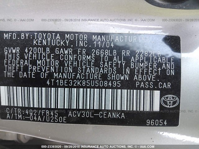 4T1BE32K85U508495 - 2005 TOYOTA CAMRY LE/XLE/SE TAN photo 9