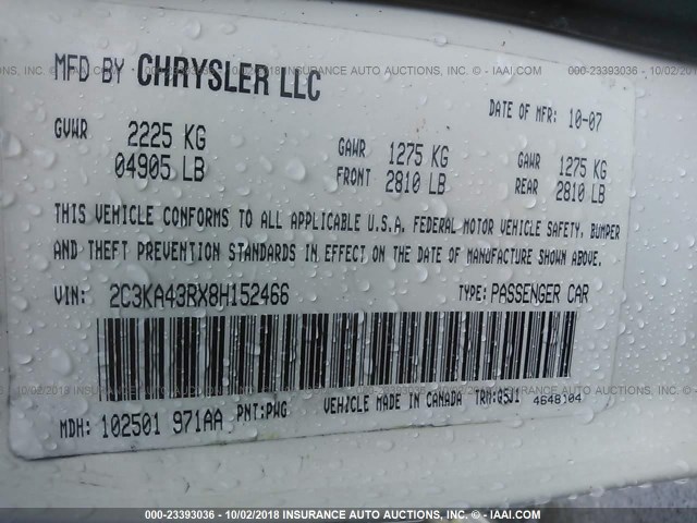 2C3KA43RX8H152466 - 2008 CHRYSLER 300 LX WHITE photo 9