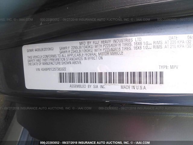 4S4BP61C257383322 - 2005 SUBARU LEGACY OUTBACK 2.5I BLUE photo 9