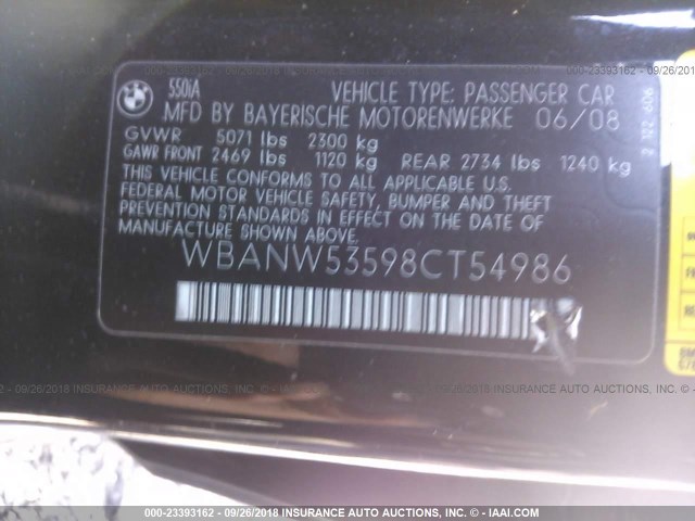 WBANW53598CT54986 - 2008 BMW 550 BLACK photo 9