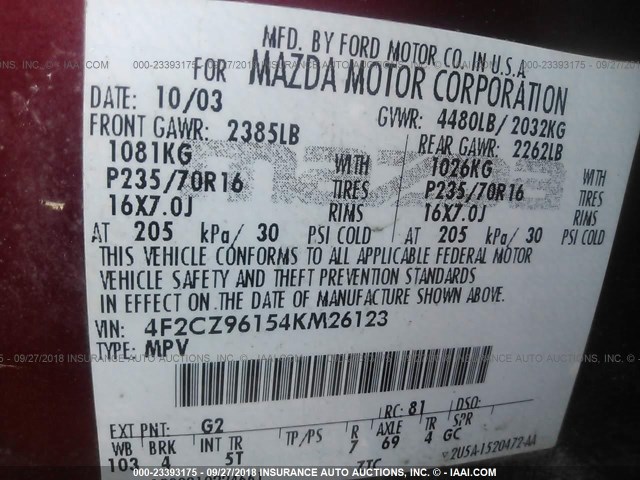 4F2CZ96154KM26123 - 2004 MAZDA TRIBUTE ES 勃艮第红 照片 9