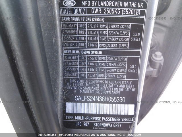 SALFS24N38H055330 - 2008 LAND ROVER LR2 SE TECHNOLOGY GRAY photo 9