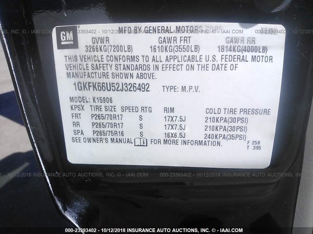 1GKFK66U52J326492 - 2002 GMC DENALI XL K1500 BLACK photo 9