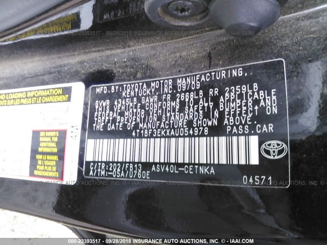 4T1BF3EKXAU054978 - 2010 TOYOTA CAMRY SE/LE/XLE 黑色 照片 9