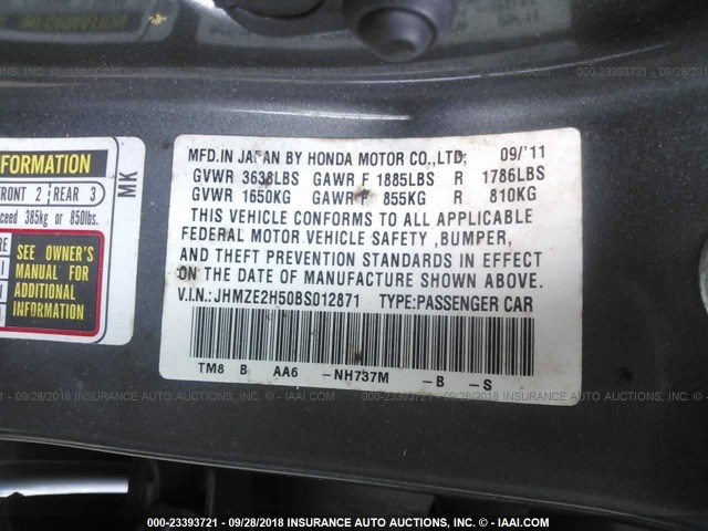 JHMZE2H50BS012871 - 2011 HONDA INSIGHT LX GRAY photo 9