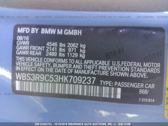 WBS3R9C53HK709237 - 2017 BMW M4 Light Blue photo 9