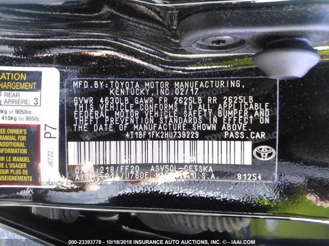 4T1BF1FK2HU739229 - 2017 TOYOTA CAMRY LE/XLE/SE/XSE 黑色 照片 9