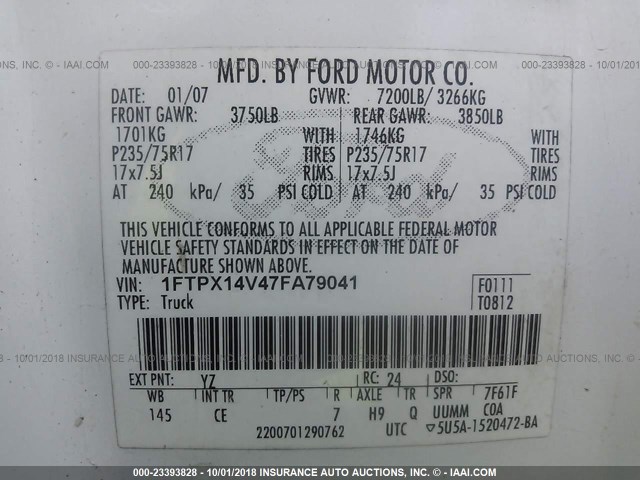 1FTPX14V47FA79041 - 2007 FORD F150 WHITE photo 9