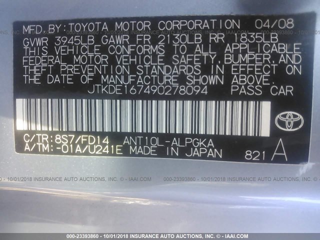 JTKDE167490278094 - 2009 TOYOTA SCION TC 蓝色 照片 9