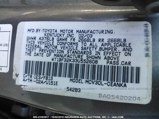 4T1BF32K33U552608 - 2003 TOYOTA CAMRY LE/XLE/SE Сұр фото 9