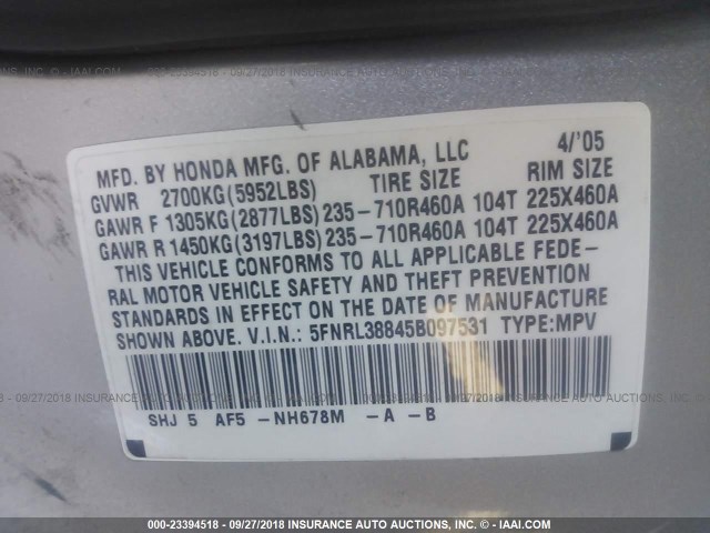 5FNRL38845B097531 - 2005 HONDA ODYSSEY TOURING SILVER photo 9